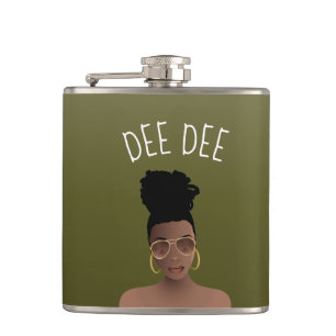 Black Woman w/Gold Shades & High Bun, Olive Green Flask