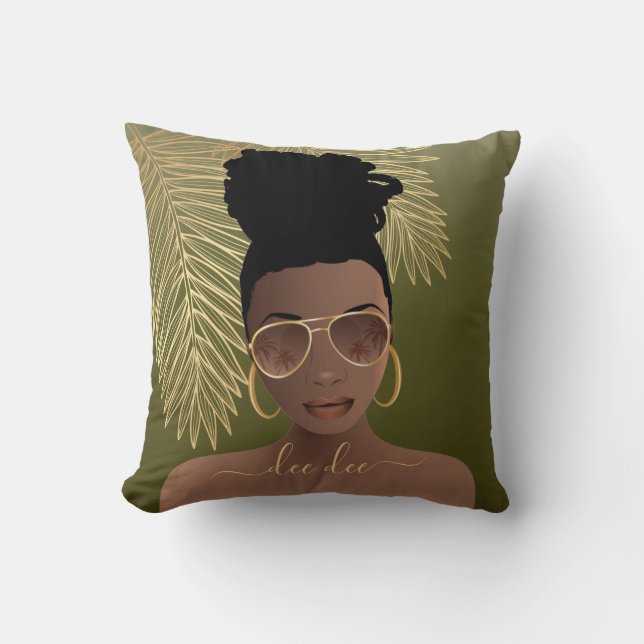 Black Woman w/Gold Shades & Palm Leaves, Green Throw Pillow (Front)