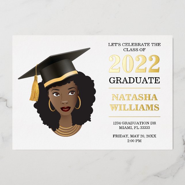 Black Woman w/Graduation Cap, Class of 20XX Foil Invitation (Front)