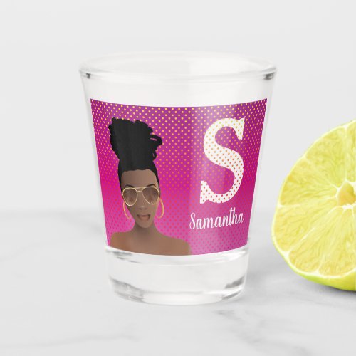 Black Woman wShades  High Bun Magenta Polka Dots Shot Glass