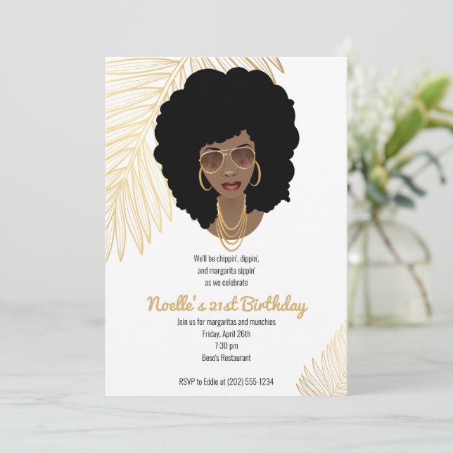 Black Woman w/Shades, Tropical Gold 21st Birthday Invitation (Standing Front)