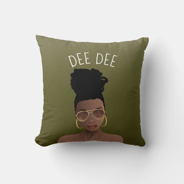 Black Woman w/Sunglasses & High Bun, Olive Green Throw Pillow (Front)