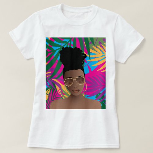 Black Woman wSunglesses Tropical Colorful Leaves T_Shirt