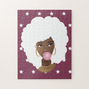 Black Woman w/White Afro, Bubblegum, Stars Purple Jigsaw Puzzle