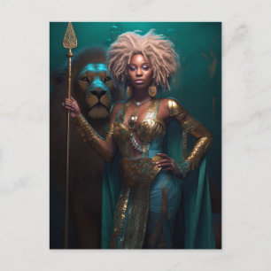 Black Woman Warrior With Lion Fantasy Art Postcard