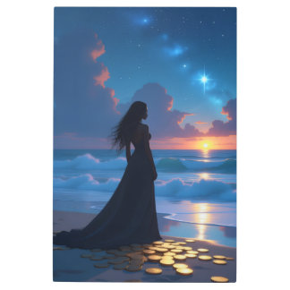 Black Woman Watching Sunset on the Beach – Serene Metal Print