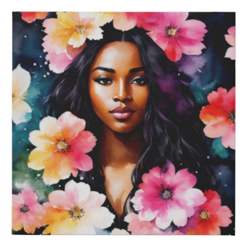 Black Woman Watercolor Floral Art Faux Canvas Print