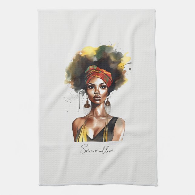 Black Woman Wearing Ethnic Headwrap Kitchen Towel (Vertical)