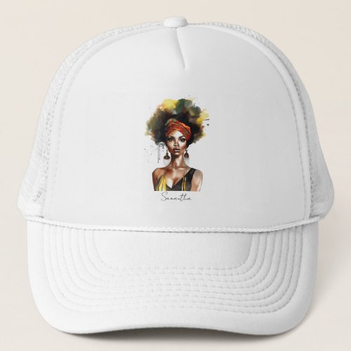 Black Woman Wearing Ethnic Headwrap Trucker Hat