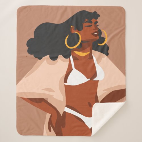 Black Woman White Bikini Beach Ready Brown Sherpa Blanket