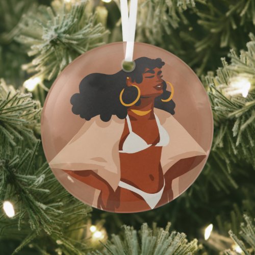 Black Woman White Bikini Beach Ready Glass Ornament
