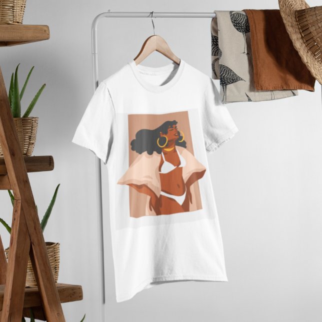 Black Woman, White Bikini, Beach Vacation Ready T-Shirt (Creator Uploaded)
