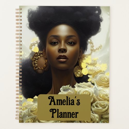 Black woman white roses and gold embellishments planner