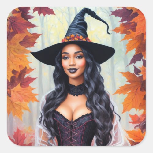 Black Woman Witch Autumn Leaves Square Sticker