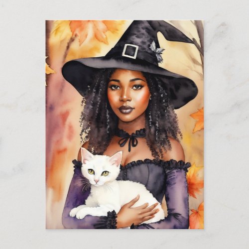 Black Woman Witch With Cat Autumn Watercolor Postcard