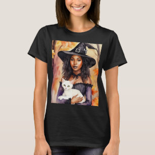 Black Woman Witch With Cat Autumn Watercolor T-Shirt