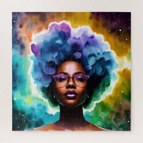 Black Woman With Afro Hair In Glasses Galaxy Art Jigsaw Puzzle