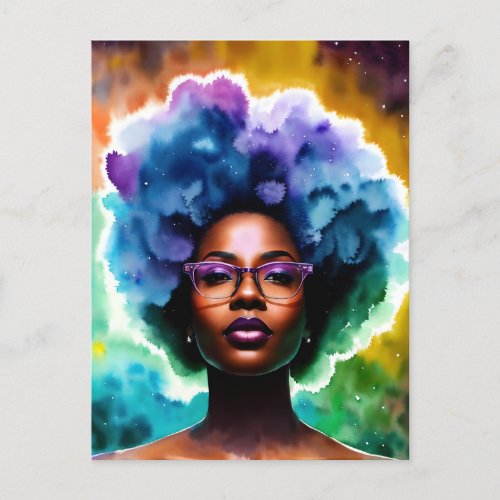 Black Woman With Afro Hair In Glasses Galaxy Art Postcard