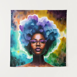 Black Woman With Afro Hair In Glasses Galaxy Art Tapestry
