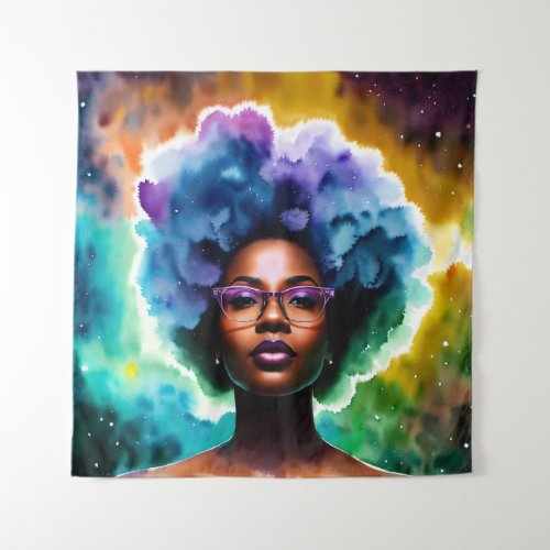 Black Woman With Afro Hair In Glasses Galaxy Art Tapestry