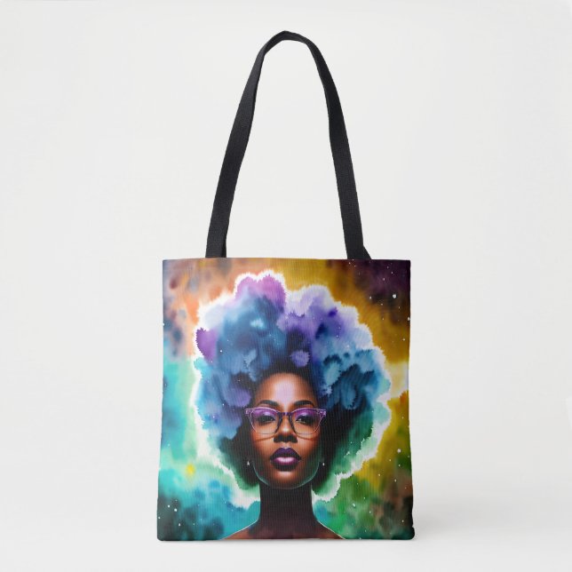 Black Woman With Afro Hair In Glasses Galaxy Art Tote Bag (Front)