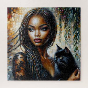 Black Woman With Black Cat Art Jigsaw Puzzle
