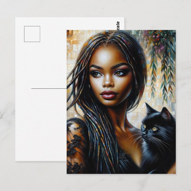 Black Woman With Black Cat Art Postcard (Front/Back)