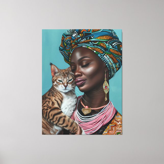 Black Woman With Cat Canvas Print (Front)