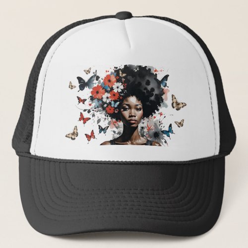 Black Woman with Floral Afro and Butterflies Trucker Hat