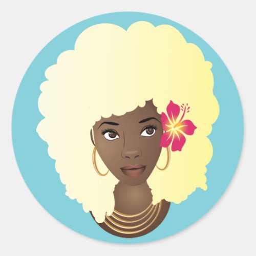 Black Woman with Flower in her Blonde Afro Blue Classic Round Sticker