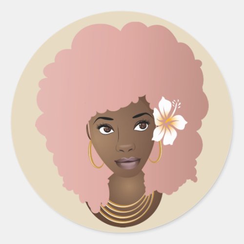Black Woman with Flower in her Pink Afro Beige Classic Round Sticker