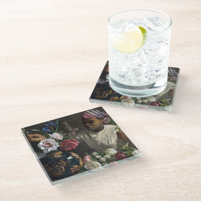 Black Woman with Peonies | Frédéric Bazille Glass Coaster (Angled)