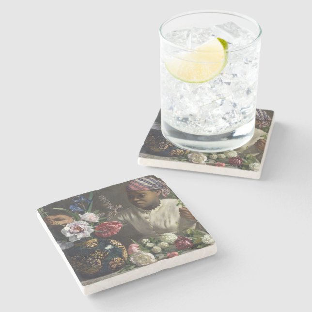 Black Woman with Peonies | Frédéric Bazille Stone Coaster (Side)