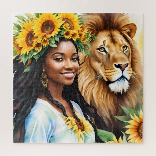 Black Woman With Sunflowers and Lion Leo Jigsaw Puzzle