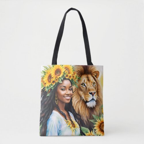 Black Woman With Sunflowers and Lion Leo Tote Bag