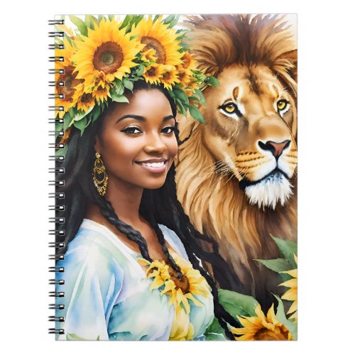 Black Woman With Sunflowers and Lion Notebook