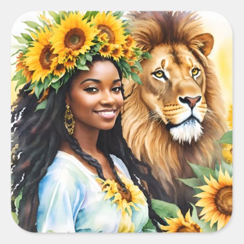 Black Woman With Sunflowers and Lion Square Sticker