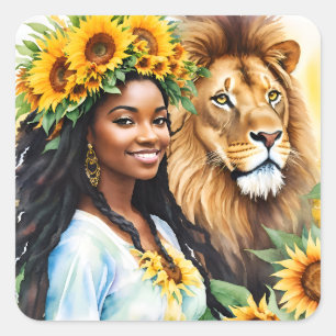 Black Woman With Sunflowers and Lion Square Sticker