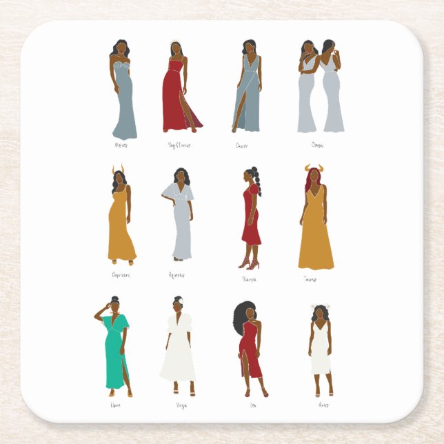 Black Woman Zodiac Astrology  Square Paper Coaster (Front)