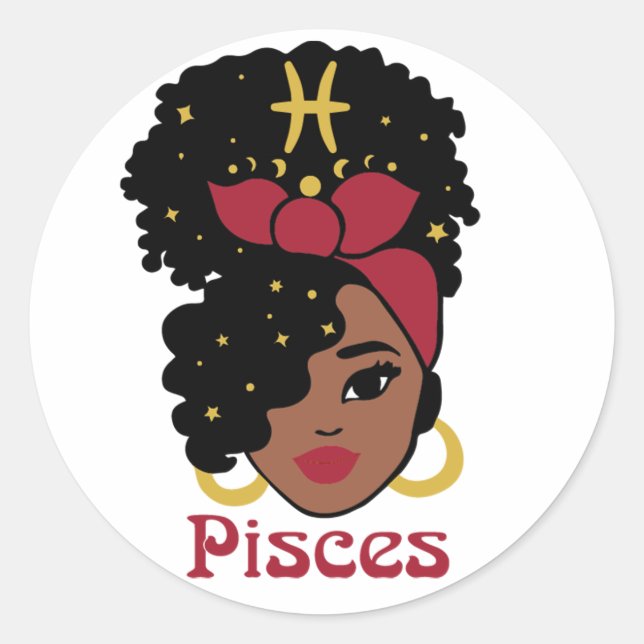 Black Woman Zodiac Pisces Classic Round Sticker (Front)
