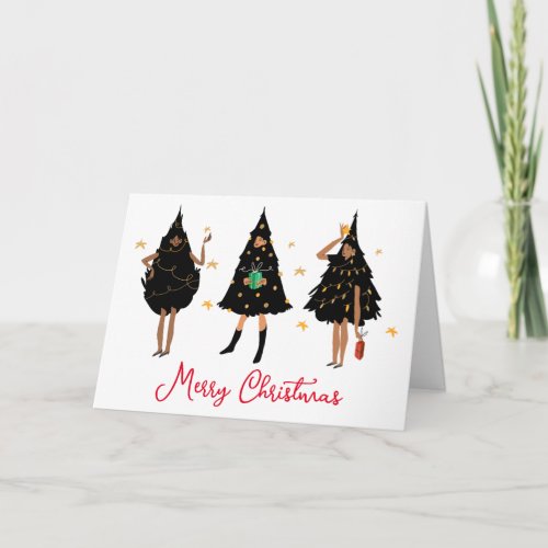 Black Women Dressed in Black Christmas Tree Party Card