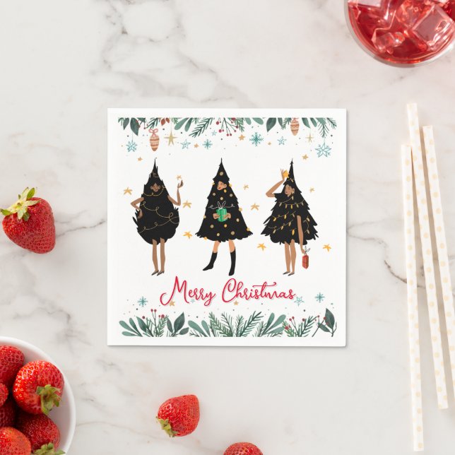 Black Women Dressed in Black Christmas Tree Party Napkins (Insitu)
