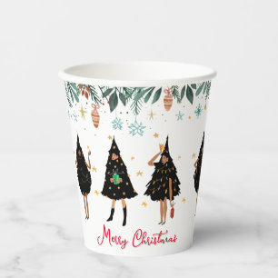 Black Women Dressed in Black Christmas Tree Party Paper Cups