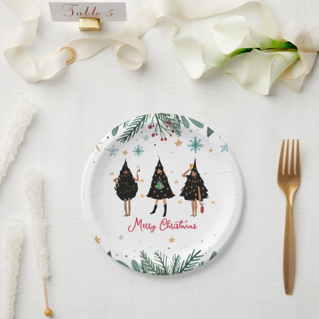 Black Women Dressed in Black Christmas Tree Party Paper Plates (Wedding)