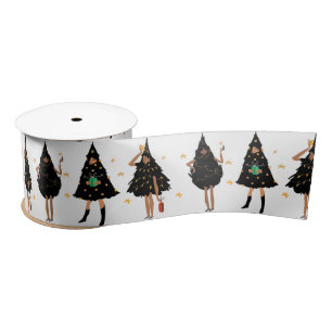 Black Women Dressed in Black Christmas Tree Party Satin Ribbon