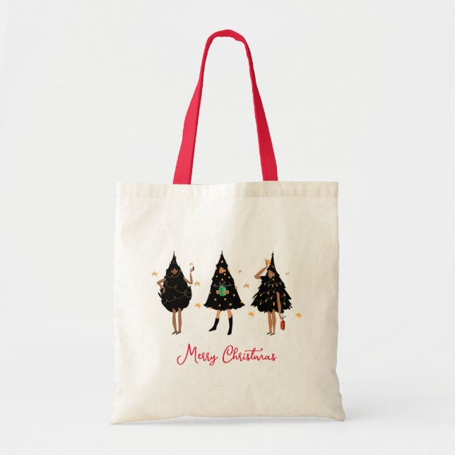Black Women Dressed in Black Christmas Tree Party Tote Bag (Front)