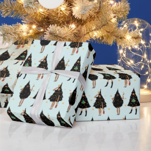 Black Women Dressed in Black Christmas Tree Party Wrapping Paper