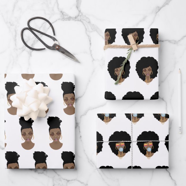 Black Women, Gold Shades, Blue Bubblegum Wrapping Paper Sheets (Front)