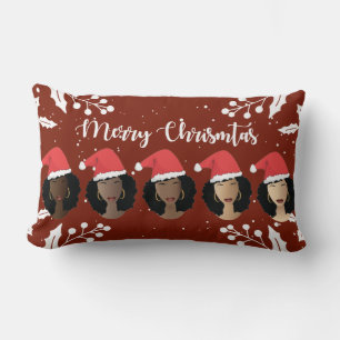 Black Women, Merry Christmas Santa Hats, Burgundy Lumbar Pillow