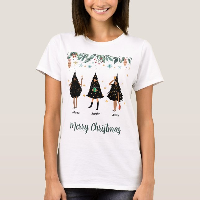 Black Women Names Dressed in Black Christmas Tree T-Shirt (Front)